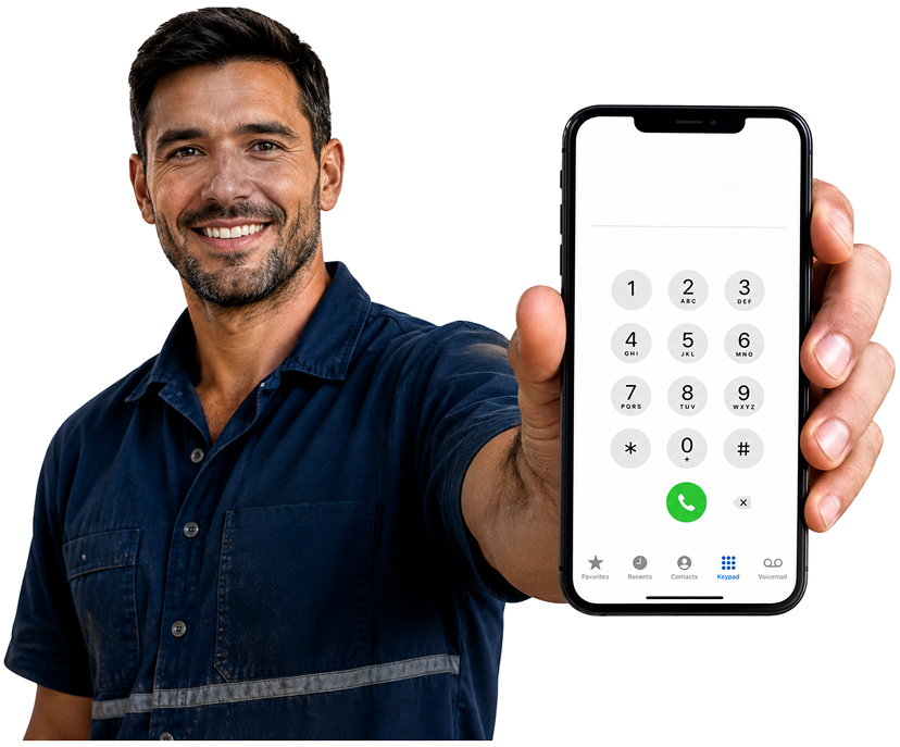 Ashbury Blocked Drains plumber holding a phone — call 1300 261 965