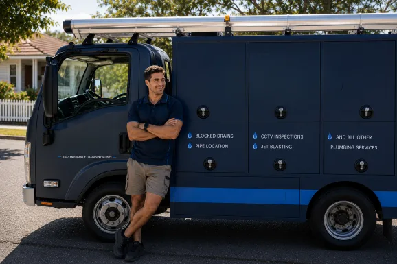 Service van and plumber at a Ashbury callout