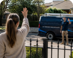 Customer waving goodbye to a Ashbury Blocked Drains plumber